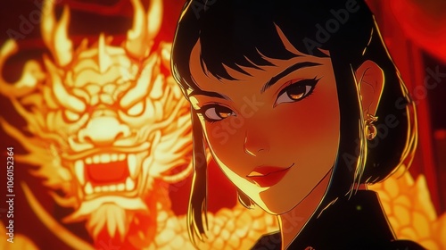 Focused Shot of a Stylized Oni Dragon Emblem Next to a Smiling Anime Woman, Suggesting a Crime Lord Theme in a Dynamic Setting photo