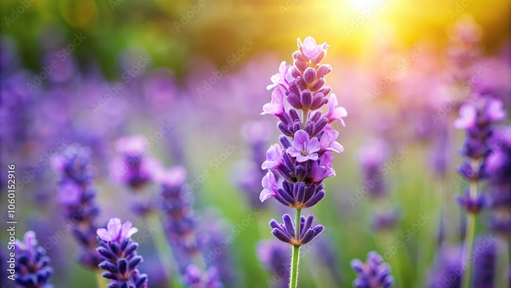 Fototapeta premium A single purple lavender flower blooming in a garden on a warm summer day, lavenders, herbs, bloom, wildflowers, nature