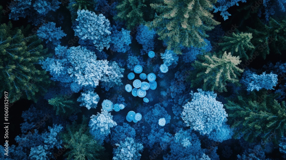 Top-Down View of a Vibrant Blue Forest Featuring a Magical Mushroom Fairy Circle in a Lush, Enchanted Setting Top-Down View of a Vibrant Blue Forest Featuring a Magical Mushroom Fairy Circle in a Lush, Enchanted Setting