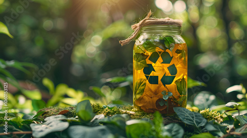 glass jar adorned with the universal recycling symbol, set against a lush forest backdrop, symbolizing eco-friendly packaging solutions for a sustainable, zero waste lifestyle