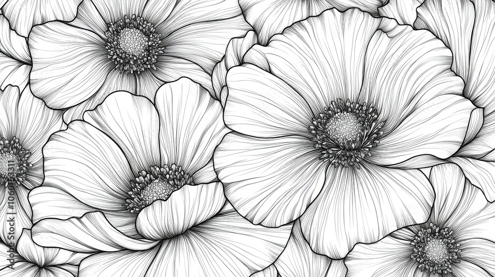 Fototapeta premium Flower line art seamless pattern. floral hand drawn vector background.