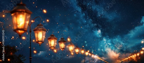 Enchanting nighttime scene with glowing lanterns strung along a pathway illuminating a starry sky and creating a magical celebratory atmosphere of wonder tranquility and romance