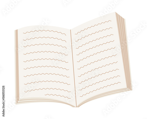 Open book with pages. Notebook isolated on transparent and white background. Vector illustration. Sketchpad. Close-up element for design decoration. Diary with text.