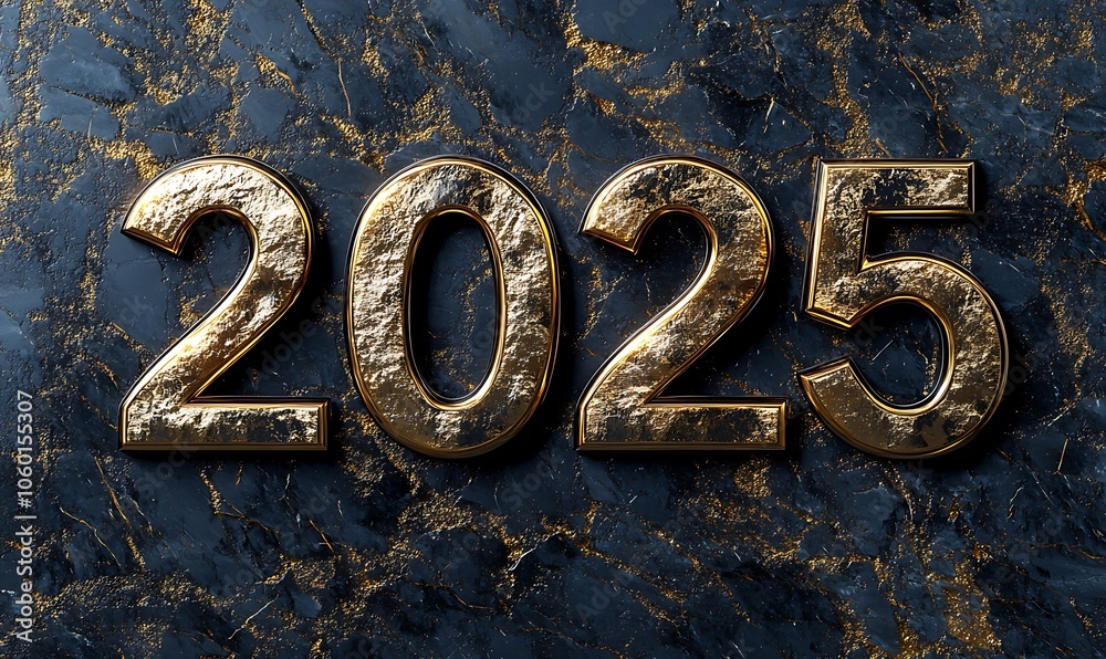A stylized representation of the year 2025 in gold against a dark marble background. A stylized representation of the year 2025 in gold against a dark marble background.