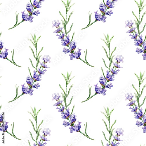 Lavender twigs seamless pattern. Hand drawn watercolor illustration of Provence flowers isolated on white. For textile, wrapping paper, fabric, covers, napkins.