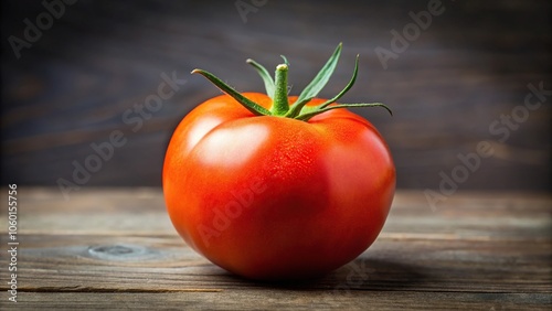 Close-up of a single ripe tomato with a slight indent on its surface showing the fruit's ripeness, detail, texture photo