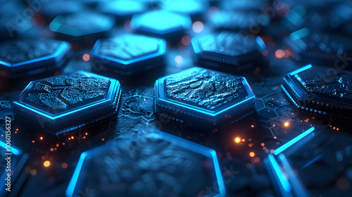 Hexagonal geometric shapes glowing on a dark blue background, reflecting a technology concept. 3D Rendering