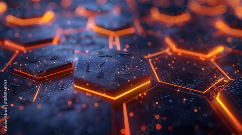 Hexagonal geometric shapes glowing on a dark blue background, reflecting a technology concept. 3D Rendering