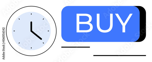 Clock next to a large BUY button indicating urgency in making purchase decisions. Ideal for e-commerce, sales, marketing, time management, productivity, customer engagement, and decision-making