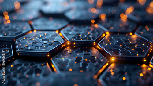 Hexagonal geometric shapes glowing on a dark blue background, reflecting a technology concept. 3D Rendering