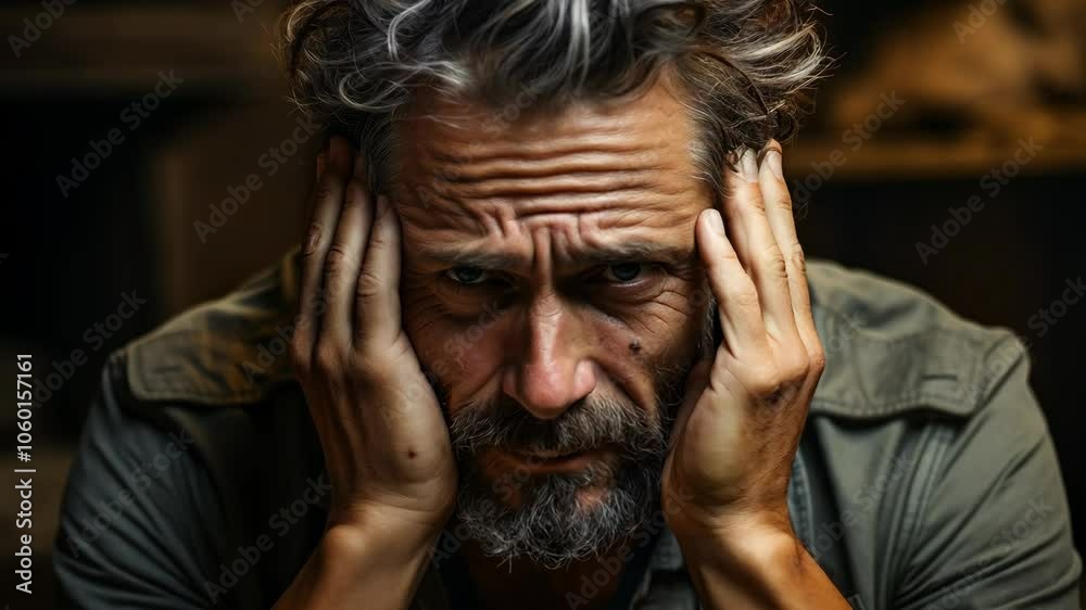 Man with messy hair expresses deep emotions in dimly lit room Man with messy hair expresses deep emotions in dimly lit room