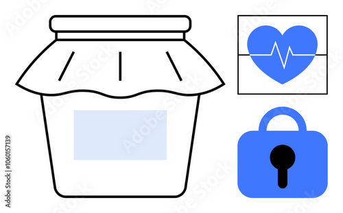 Jam jar with fabric cover alongside heartbeat within heart shape and padlock symbol. Ideal for health wellness security food storage and homemade products. Simple linework minimalistic clean style