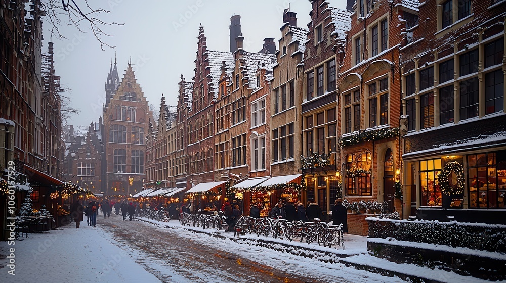 Obraz premium A picturesque snowy street lined with charming buildings and festive lights, creating a cozy winter atmosphere.