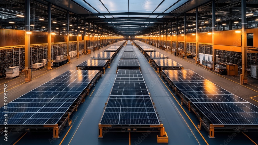 Fototapeta premium Spacious industrial warehouse interior with rows of solar panels on wheeled platforms, illuminated by overhead lights