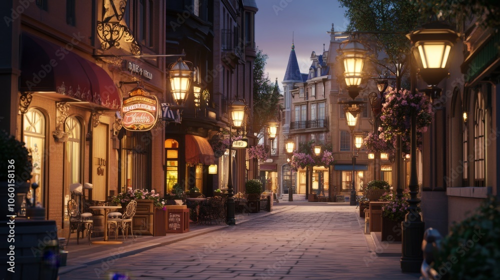 Obraz premium Charming European Street at Dusk with Warm Lighting