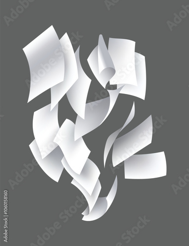 Falling paper sheets. Set of flying curved leaves of paper. Vector loose soar of notes with curled edges. Fly scattered notes, empty chaotic paperwork