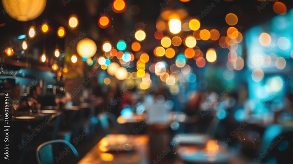 Diners can be seen in abstract forms surrounded by colorful blurred lights and dÃ©cor.