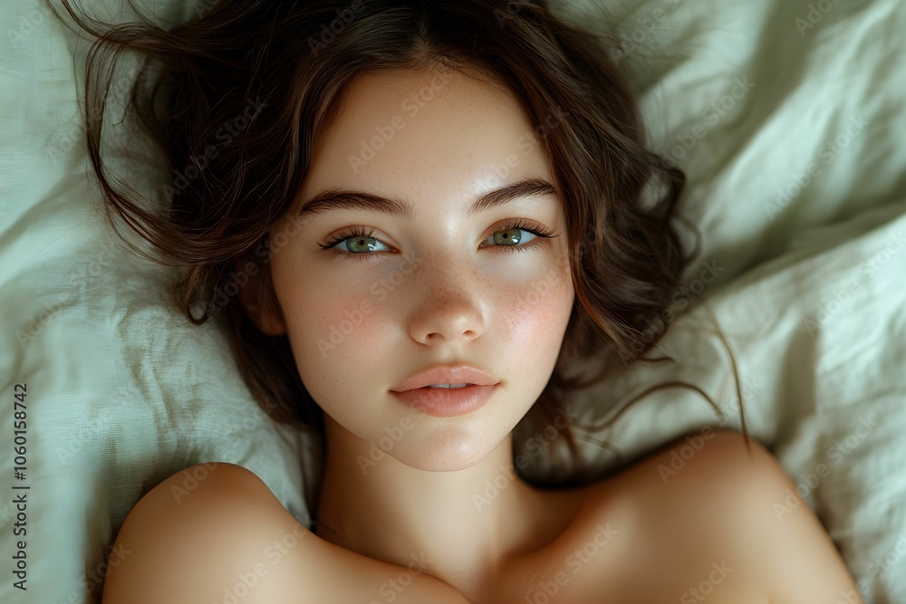 Serene Beauty: A young woman with captivating green eyes and dark brown hair lies peacefully on a bed, her gaze directly meeting the camera. The soft. Serene Beauty: A young woman with captivating green eyes and dark brown hair lies peacefully on a bed, her gaze directly meeting the camera. The soft.