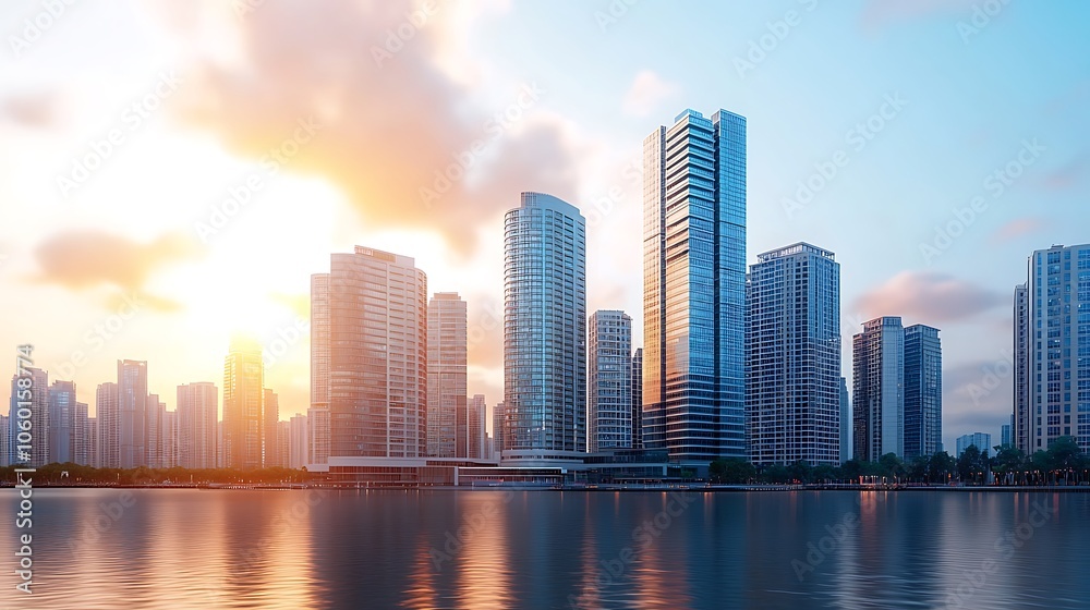 Fototapeta premium Urban skyline reflects sunset over water capturing the essence of modern architecture and city life