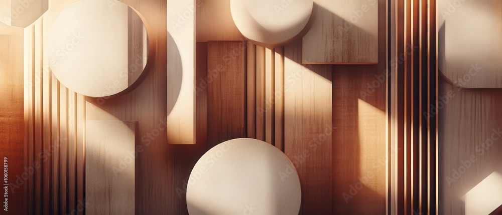 A complex array of geometric shapes casting soft shadows in a muted amber light, where the warm tones highlight the subtle textures and contours of each pattern. The background exudes a gentle A complex array of geometric shapes casting soft shadows in a muted amber light, where the warm tones highlight the subtle textures and contours of each pattern. The background exudes a gentle
