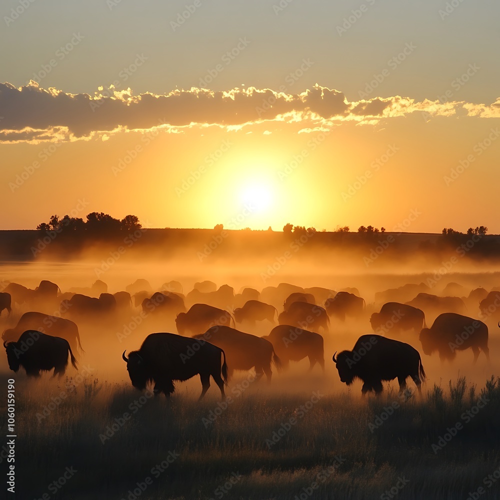 Naklejka premium Silhouette of a Herd of Bison at Sunset.