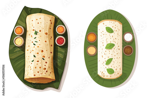 Vector Art of South Indian Dosa Served on a Banana Leaf with Chutneys