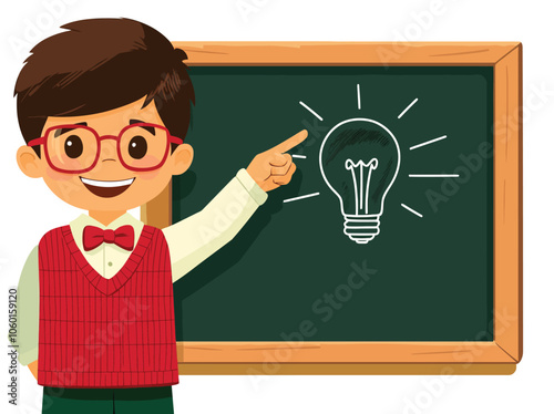 Young Boy in Glasses Pointing at Light Bulb Drawing on Chalkboard - Vector Art