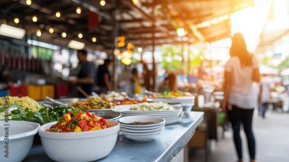Vibrant Street Food Market with Fresh Dishes Displayed Vibrant Street Food Market with Fresh Dishes Displayed