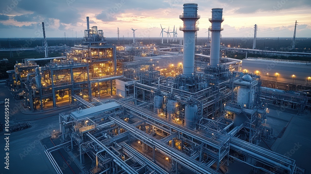Industrial complex with pipelines and smokestacks at dusk. Industrial complex with pipelines and smokestacks at dusk.