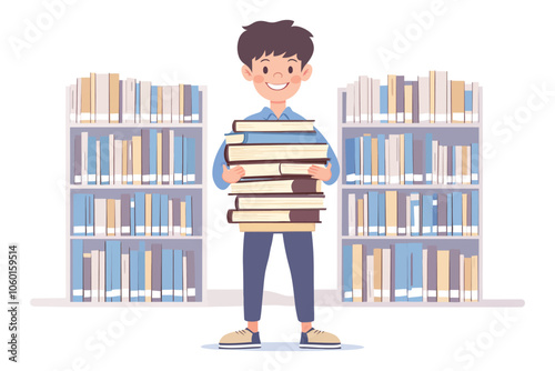 Joyful Boy Holding Books in Library Surrounded by Book Shelves - Vector Art