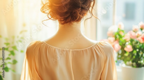 Close-up of a woman's back in an elegant blouse. Soft lighting highlights the smooth skin and simple, stylish composition.