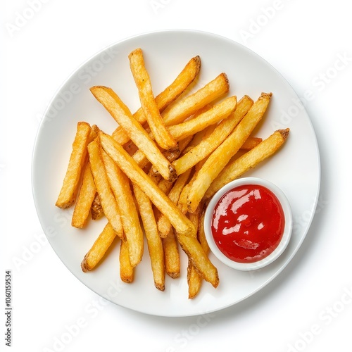 A plate of golden French fries served with a small bowl of ketchup.