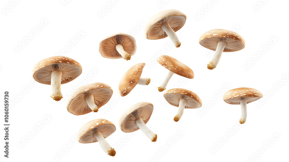 Falling mushrooms, isolated on white background Falling mushrooms, isolated on white background