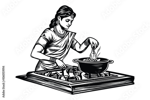  Vintage Sketch of Indian Woman Cooking in Traditional Saree – Engraved Art