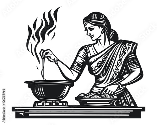 Artistic Hand-Drawn Illustration of Indian Woman Preparing Food in Traditional Dress