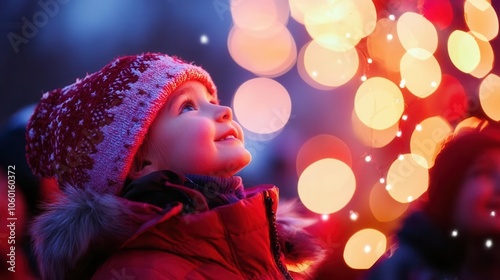 Children gazing in awe at a magical, colorful holiday display, [Amaze , Awe , Children], ,