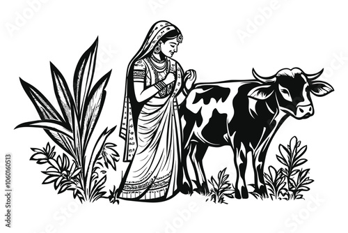 Artistic Engraving of Indian Woman in Traditional Dress with Cow and Nature