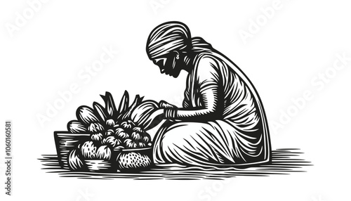  Hand-Drawn Illustration of Indian Woman Fruit Seller in Traditional Attire