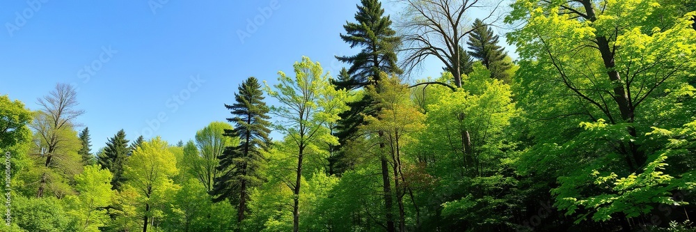 Fototapeta premium Lush green forest landscape in summer with tall trees, vibrant foliage, and clear blue sky, vibrant, tranquility, forest