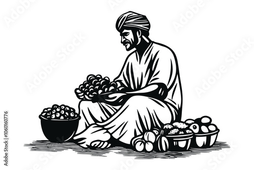 Vintage Engraving of Indian Man Selling Fruit in Traditional Clothing