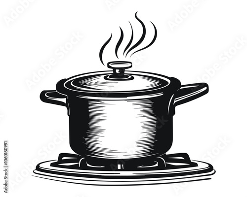 Vintage Black and White Cooking Pot Illustration with Steaming Detail