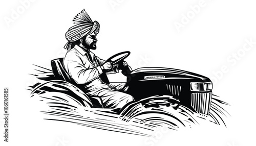 Hand-Drawn Indian Farmer Driving a Tractor in Vintage Illustration Style