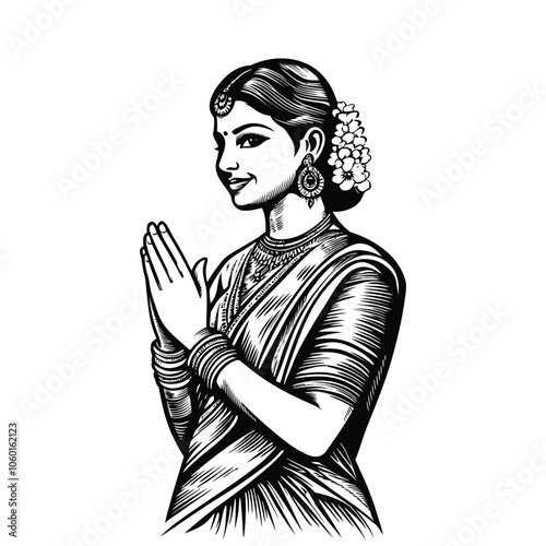 Hand-Drawn Indian Woman in Traditional Attire with a Namaste Pose Illustration