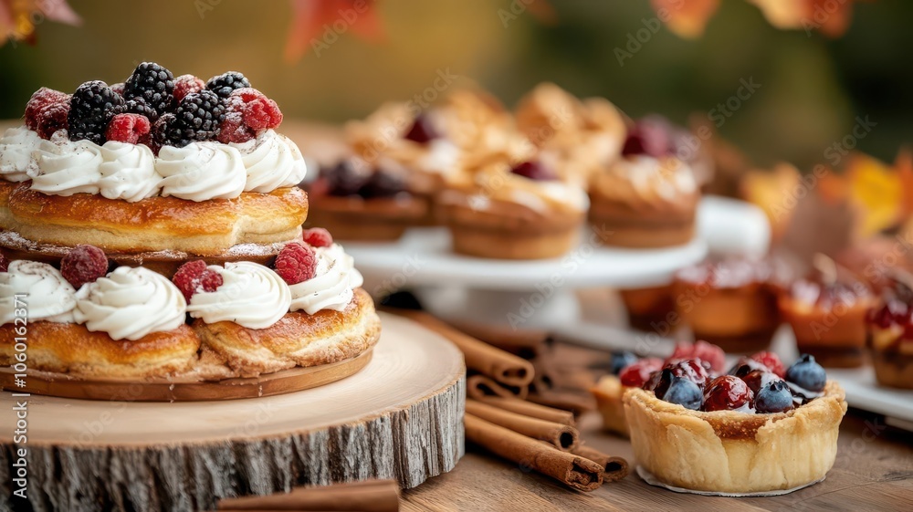 Assorted creamy autumn themed dessert with berry topping.