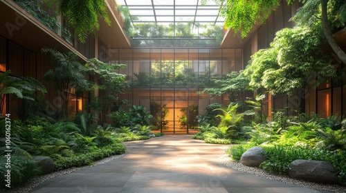 Lush indoor garden with glass ceiling and vibrant greenery.