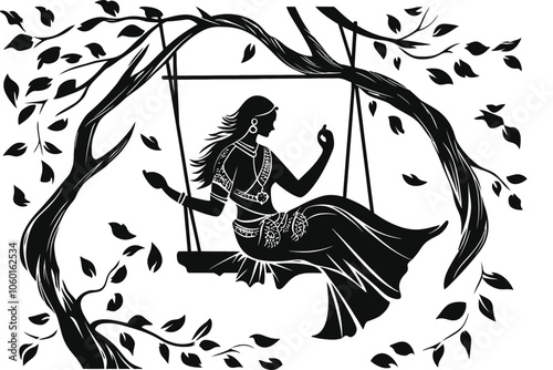 Hand-Drawn Indian Woman in Traditional Attire Swinging Amid Leaves in Vintage Style