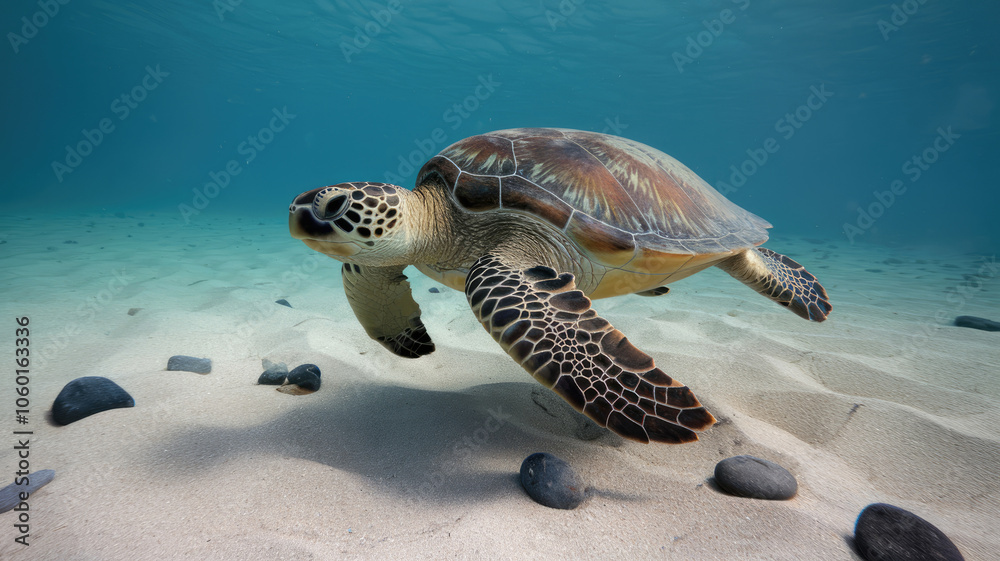 Obraz premium A turtle is swimming in the ocean with a rocky beach in the background. The turtle is surrounded by small rocks, which are scattered throughout the scene. Concept of tranquility and peacefulness