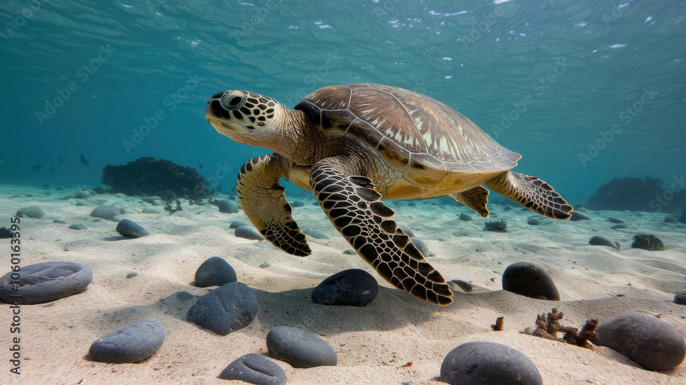 Obraz premium A turtle is swimming in the ocean near some rocks. The turtle is the main focus of the image, and the rocks in the background create a sense of depth and contrast