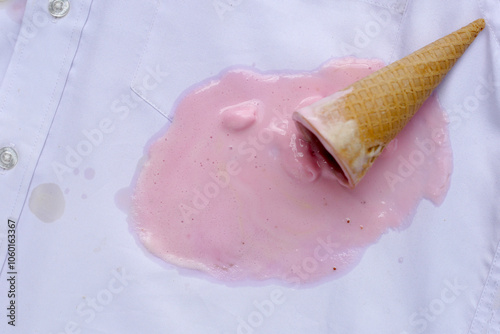 Iice cream with waffle cone on a white shirt, dirty stain photo