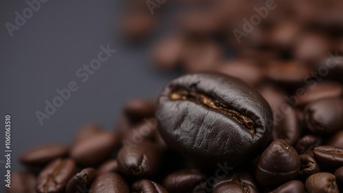 Shiny coffee bean standing out against dark black background, background, espresso